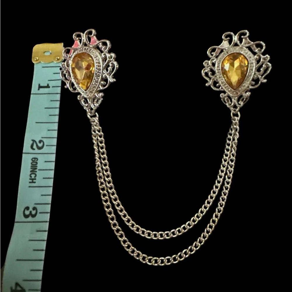 Victorian Style Amber Toned Rhinestone Collar Clip Double Chain Filligree pain - Picture 3 of 4